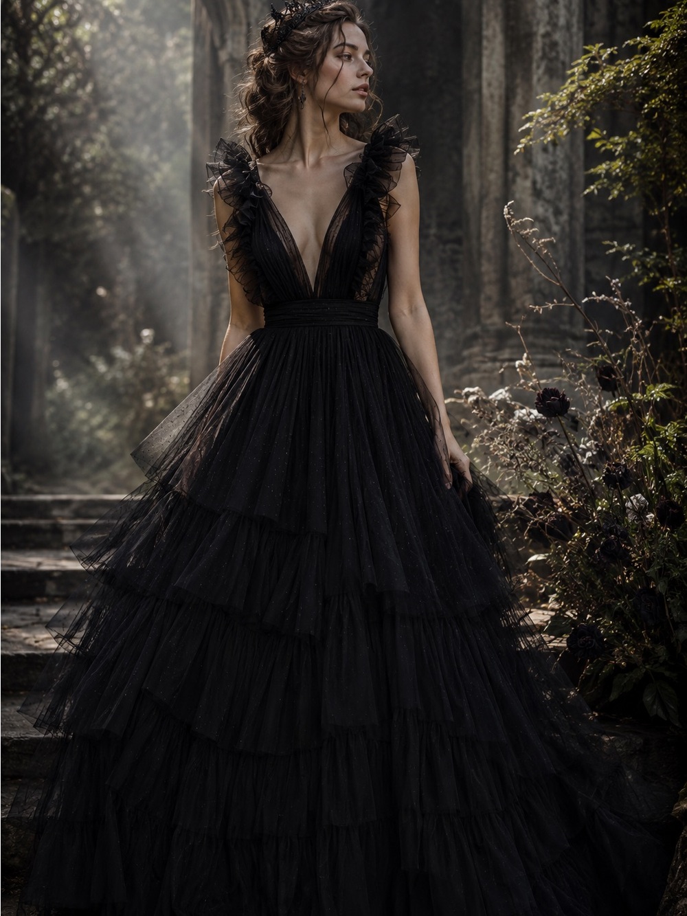 Faeriesty Black Tulle Ruffle Formal Gown XL Backless Plunging Neck Maxi Dress